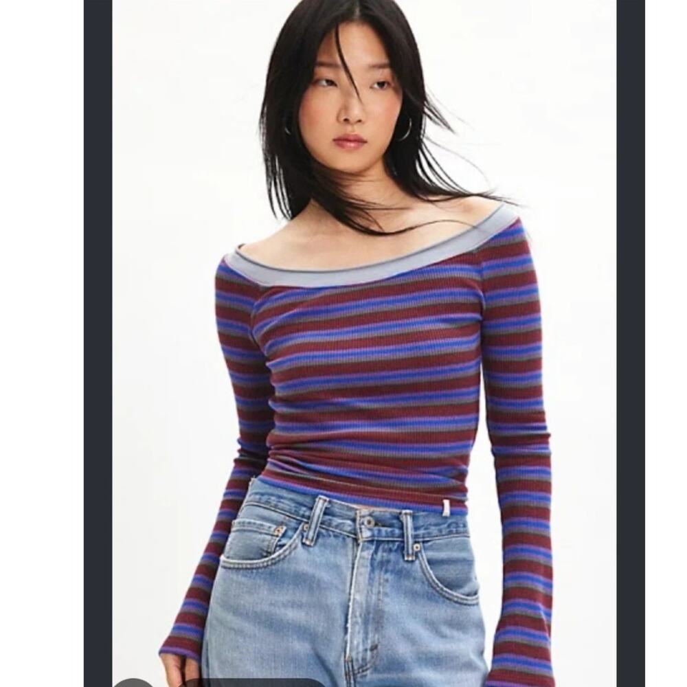 BDG Urban Outfitters Stella Boatneck Waffle Knit Long Sleeve Tee SZ M Grunge 90s
